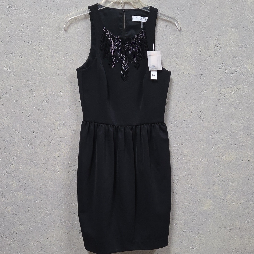Trina Turk Black Sleeveless Mini Dress With Beaded Neckline Cinched Waistline